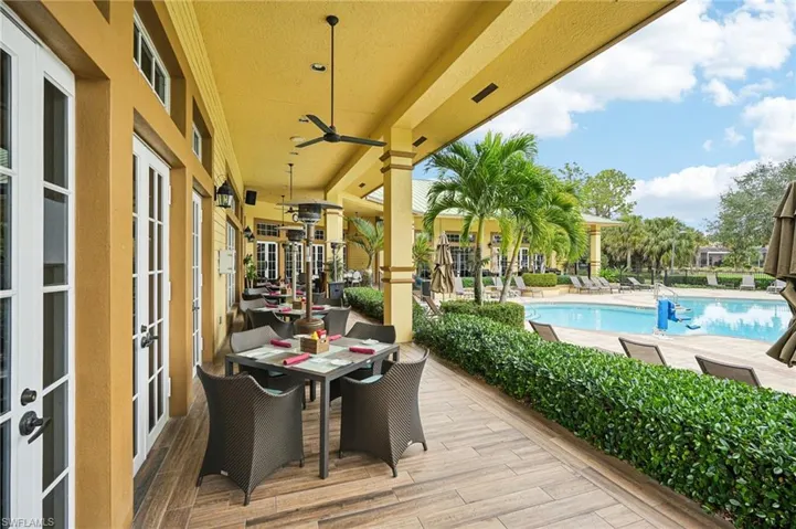 Deck featuring a patio, ceiling fan, and french doors