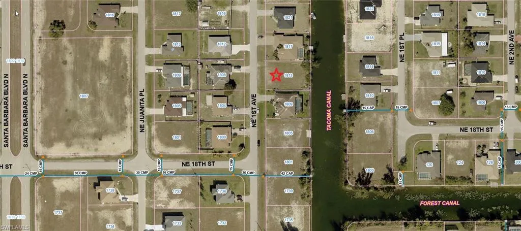 Aerial view of property's location with property parcel outlined