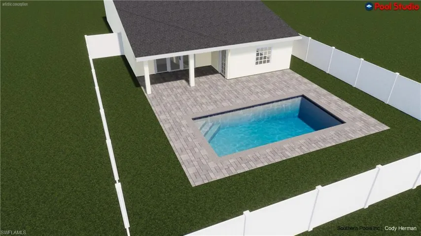Rendering of outdoor pool featuring a patio area and a fenced backyard