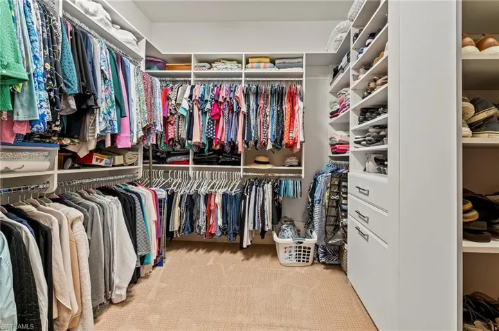 Walk in closet featuring light carpet