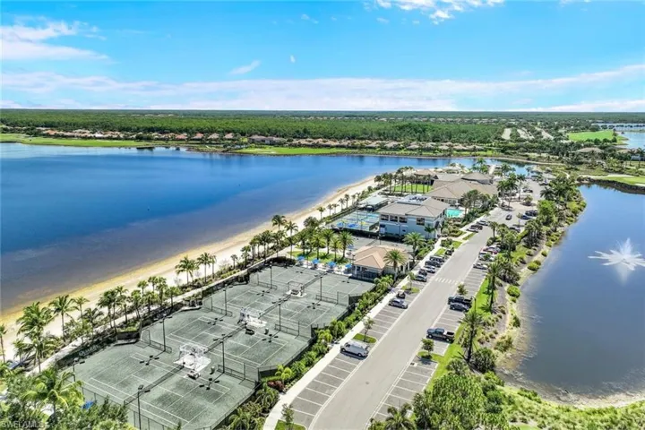 Birds eye view of property with a water view