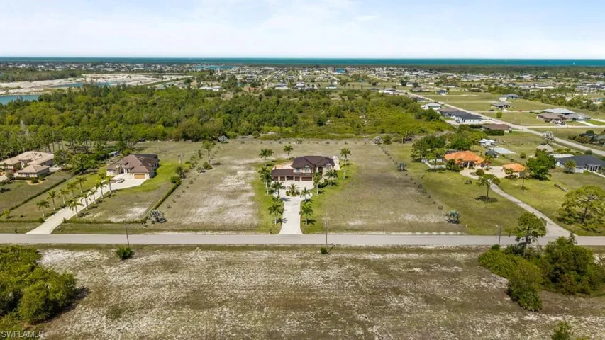 Expansive property with a paved driveway and landscaped entry featuring palm trees
