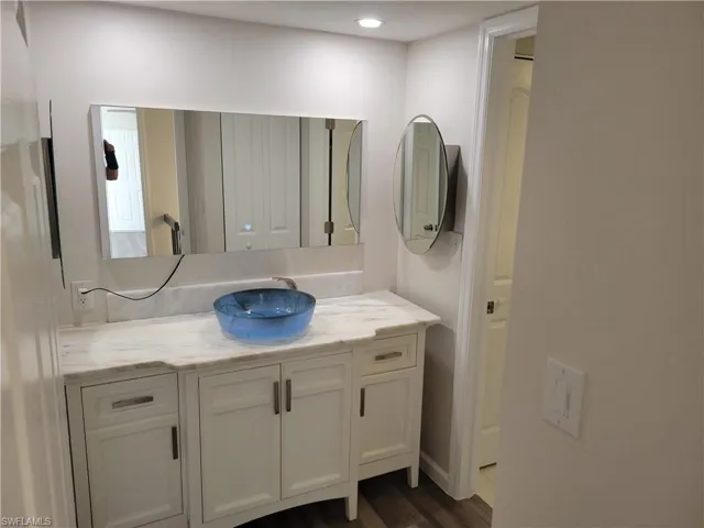 Bathroom featuring vanity and hardwood / wood-style flooring