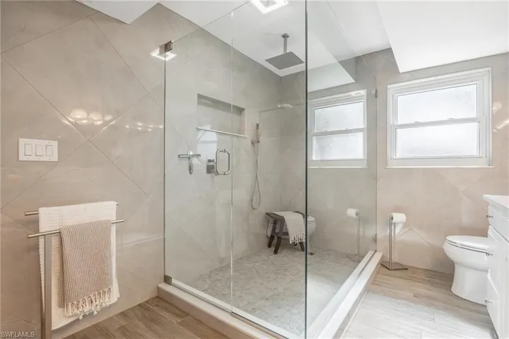 Glass doors with overhead waterfall shower