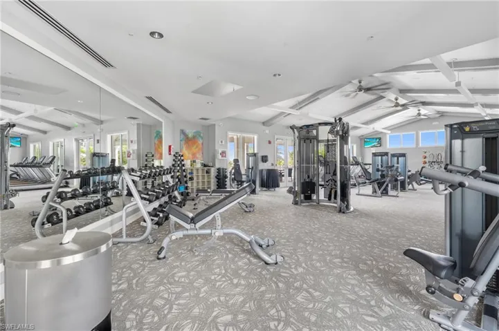 Exercise room featuring plenty of natural light, lofted ceiling, and a ceiling fan