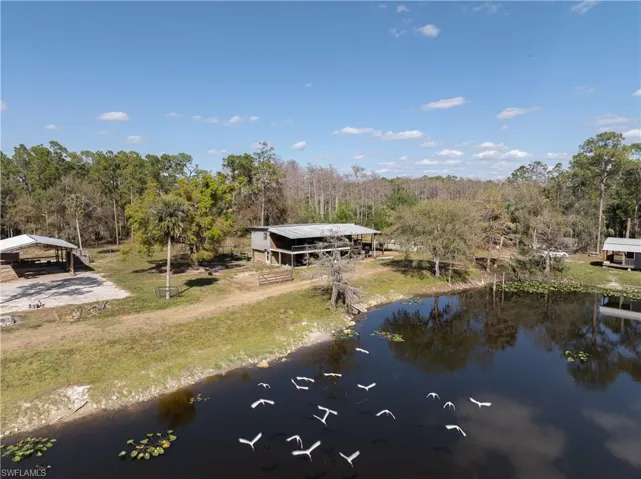 Birds eye view of property with a forest view and a water view