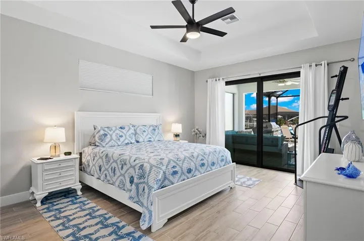 Bedroom with ceiling fan /light and access to exterior