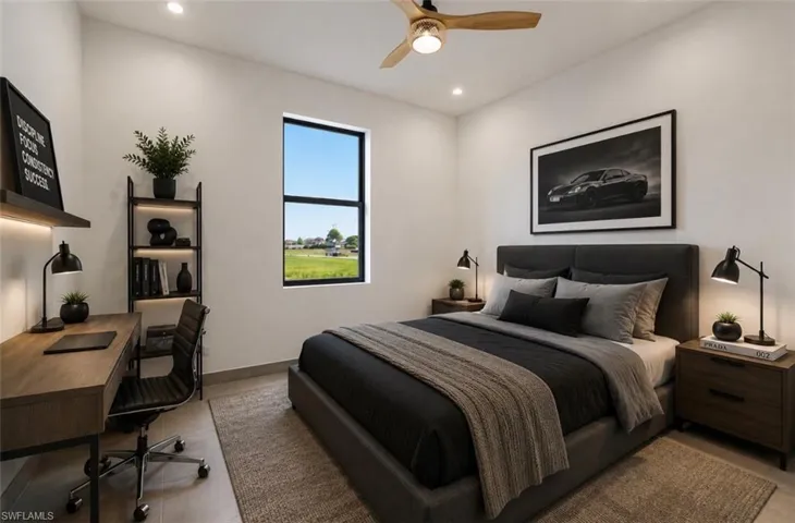 Bright room featuring a single window with black trim, recessed lighting, and a ceiling fan with integrated illumination