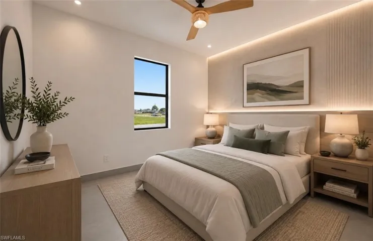 Bedroom featuring a contemporary wood-finish ceiling fan, recessed lighting, and a window with a black frame