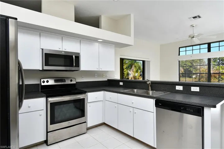 Kitchen with stainless steel appliances, a peninsula, white cabinets, and dark countertops