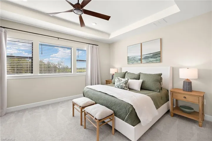 Bedroom featuring a tray ceiling, baseboards, visible vents, and carpet