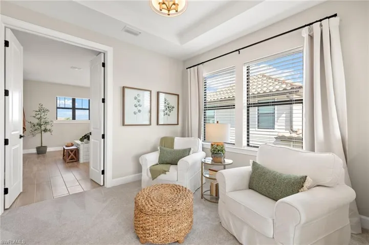 Living area with a raised ceiling, light carpet, baseboards, and visible vents