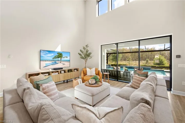 Living room with baseboards, a high ceiling, and wood finished floors