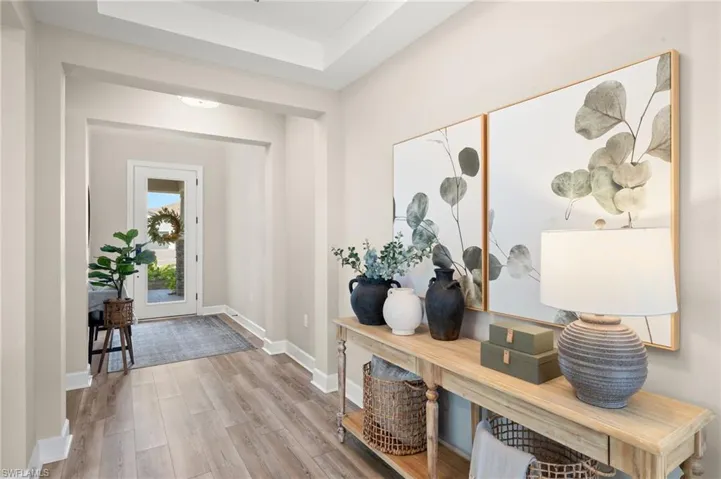 Foyer with baseboards and wood finished floors