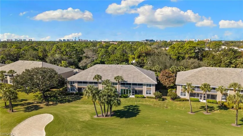 Aerial view of skyline and a golf course