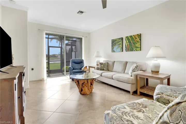 Tiled living room with ornamental molding