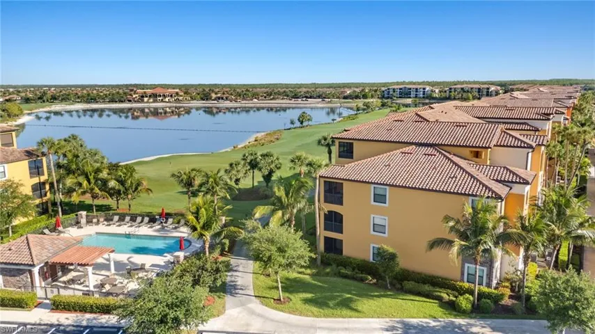 Aerial view of a golf club and a nearby body of water