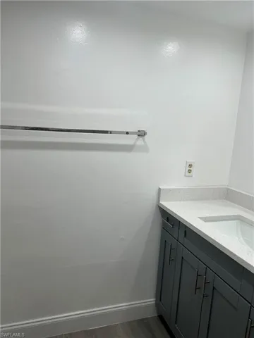 Bathroom featuring vanity and dark wood-type flooring