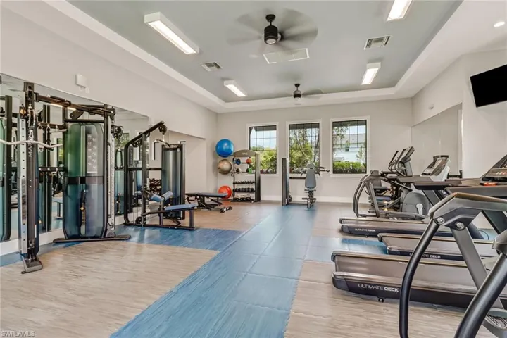 Workout area with a ceiling fan