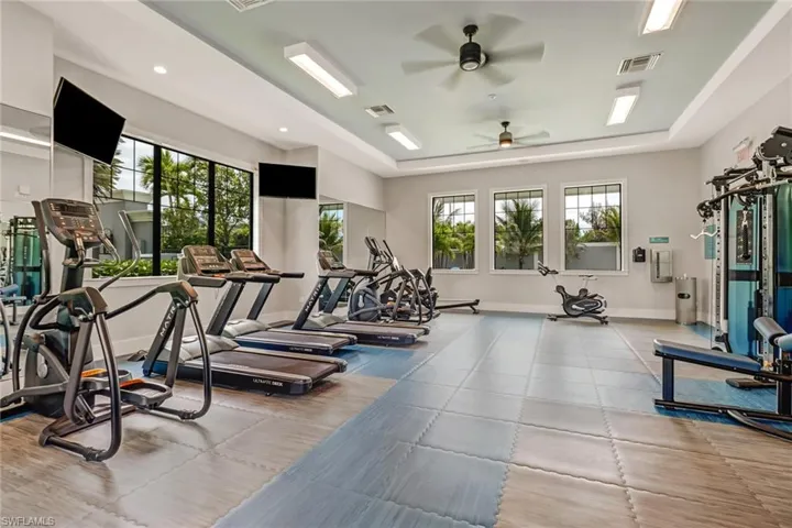 Workout area with ceiling fan