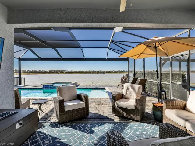 Covered lanai with lake views