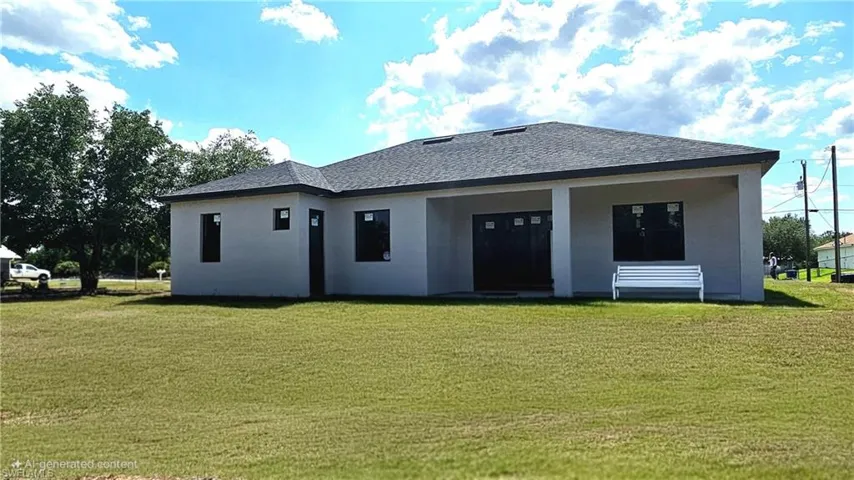 Back of property featuring a lawn, stucco siding, and roof with shingles