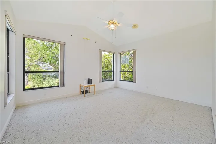 Spare room with vaulted ceiling, a wealth of natural light, and baseboards