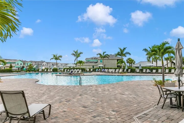 Community pool with a patio and a residential view