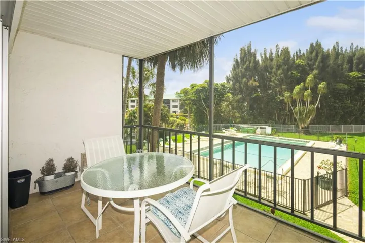 Balcony featuring a patio and a fenced in pool