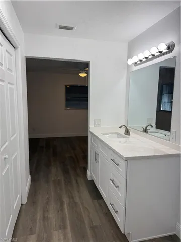 Bathroom featuring vanity and dark wood finished floors