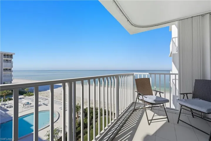 Balcony featuring view of pool area and view of water and beach