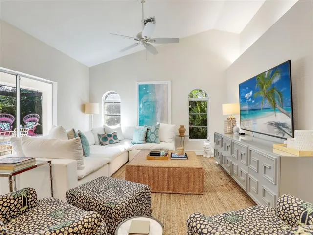 Living area with vaulted ceilings
