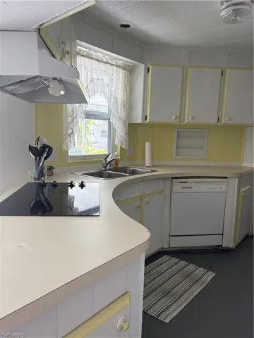 Kitchen featuring white cabinetry with yellow trim, a double basin sink, and a built-in dishwasher