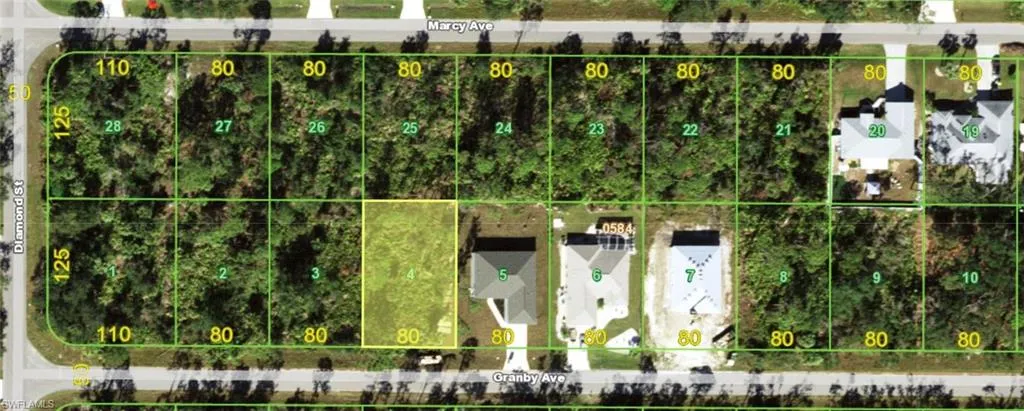 Aerial map of property and surrounding area featuring property parcel outlined