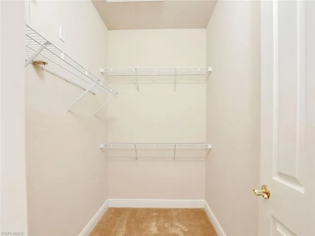 Walk in closet featuring light carpet