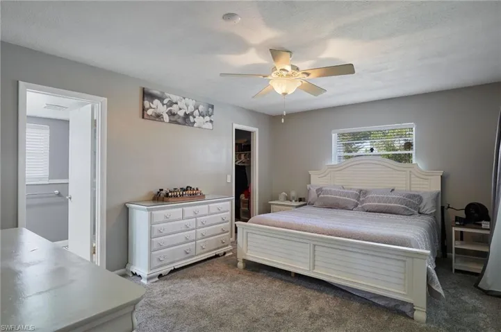 Bedroom with a closet, a walk in closet, ceiling fan, and dark colored carpet