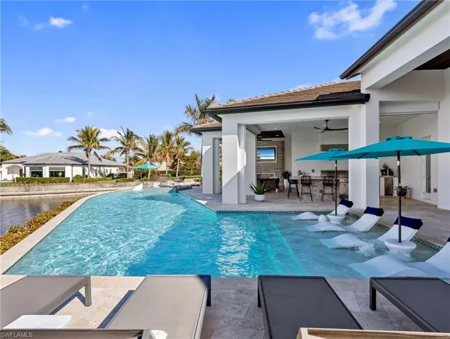 View of pool with a patio and an outdoor bar