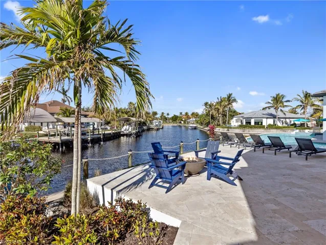 View of dock with a patio area, a swimming pool, and a water view