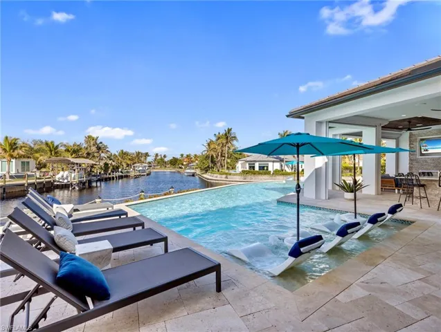 View of swimming pool featuring a water view and a patio