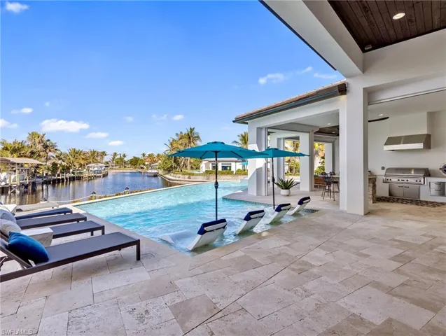 View of swimming pool featuring area for grilling, a water view, and a patio
