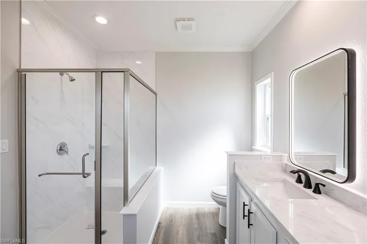 Bathroom with crown molding, a marble finish shower, dark wood-style floors, vanity, and recessed lighting