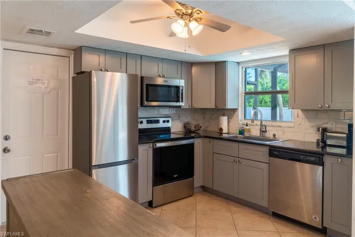 Kitchen featuring gray cabinets and stainless steel appliances