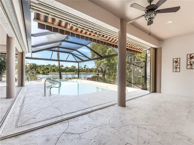 Artistic stamped concrete pool deck is easy to keep clean