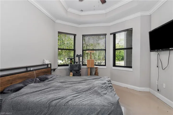 Bedroom with a tray ceiling, ornamental molding, baseboards, and multiple windows
