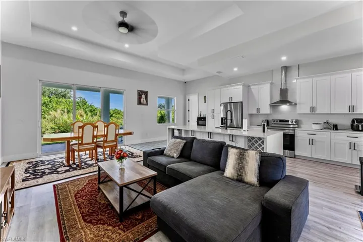 Living room featuring light hardwood / wood-style floors, a tray ceiling, and a healthy amount of sunlight