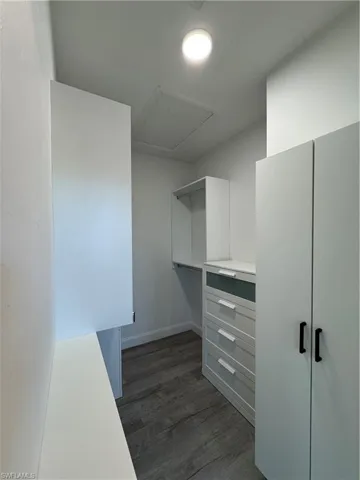 Spacious closet with dark hardwood / wood-style flooring