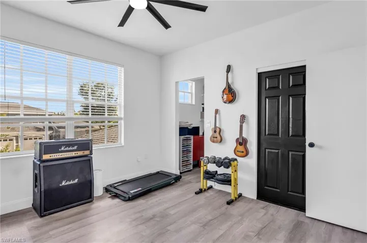 Exercise room featuring light wood-type flooring, a healthy amount of sunlight, and ceiling fan