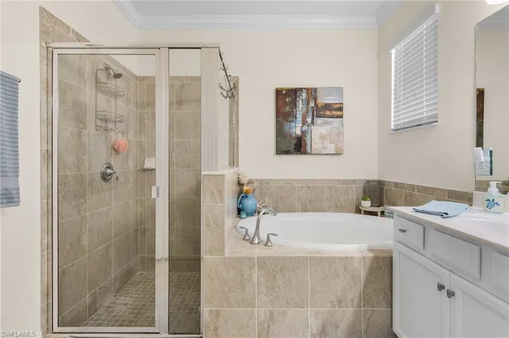 Bathroom with shower with separate bathtub, ornamental molding, and vanity
