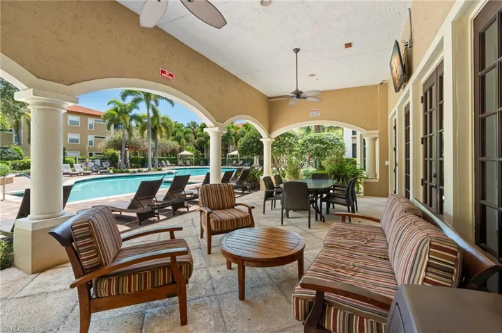 View of patio / terrace featuring a ceiling fan and a community pool