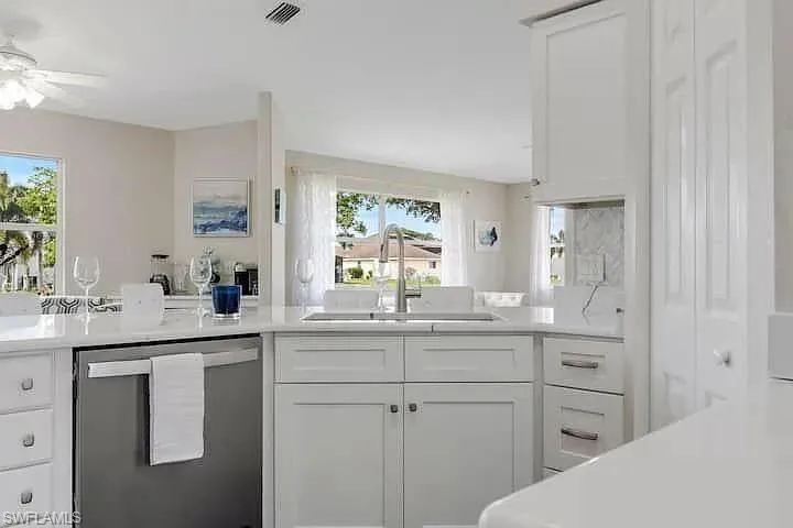 White cabinetry with brushed nickel hardware, stainless steel dishwasher, and a single-basin sink with a gooseneck faucet
